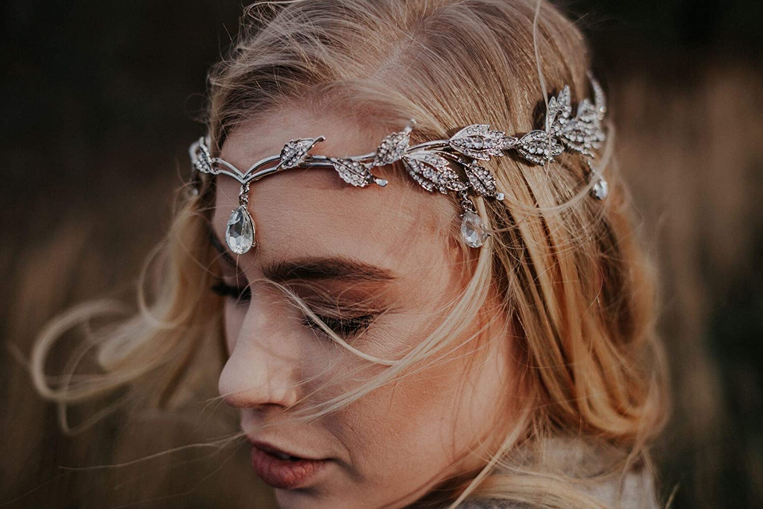 Remedios Rhinestone Leaf Crown Headband, Crystal Pendent Tiara Headband Crystal Leaf Crown Crystal Coronet Headpiece Tiara LAUREL  main image 4