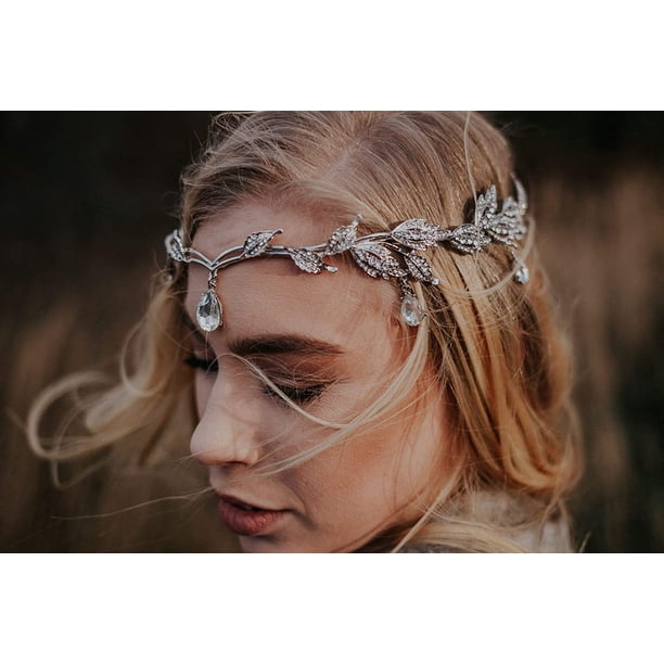 Remedios Rhinestone Leaf Wedding Crown Headband , Crystal 