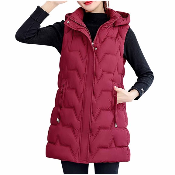 TFEOQRY Women's Winter Long Cotton Vest Casual Fashion Solid Color Outwear with Pockets Zippered Reversible Long Cotton Coat Burgundy
