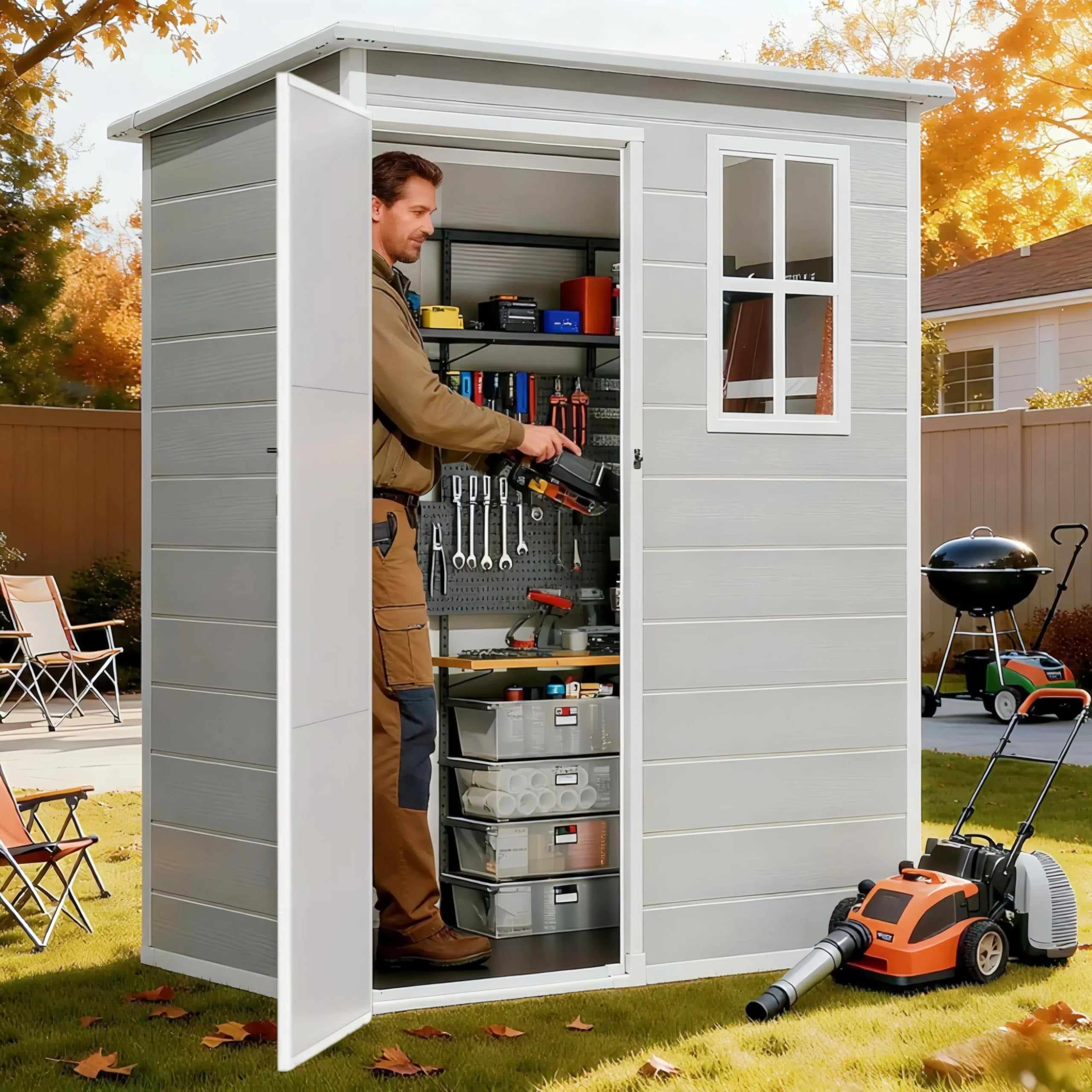 5 x 3 FT Resin Garden Shed, Aiho Outdoor Storage Shed with Floor & Lockable Door, Watheproof Plastic Storage Shed for Garden, Backyard, Gray
