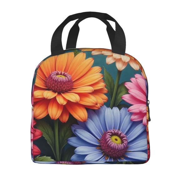 Portable Lunch Bag Insulated Colorful Zinnia Flowers On Lunch Box Reusable Tote Bag Unisex for Work, Travel, Picnic, Office, Camping, Hiking, Picnic, Beach