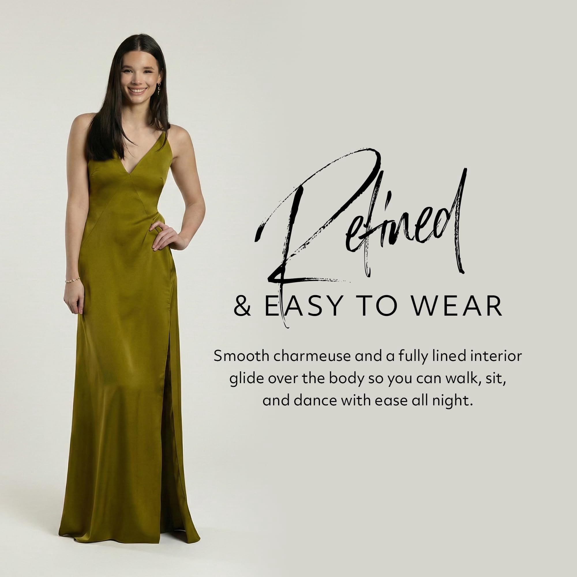 Kirablend Esme Charmeuse Plunge-Neck Seamed A-Line Gown