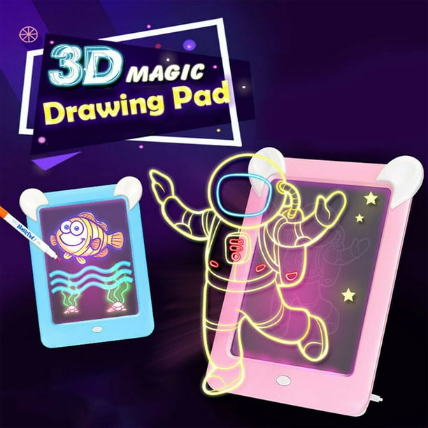 3D Magic Light Up Glow Drawing Board for Kids,Portable Glow Doodle Board Light Toys,Glow, Draw, Sketch, Easy Wipe (Blue) -