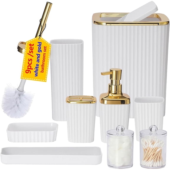 Bathroom Accessories Set,9 Piece White Bathroom Sets Complete With Toothbrush Holder, Trash Can, Lotion Soap Dispenser, Toothbrush Cup, Vanity Tray, Soap Dish, Toilet Brush, Qtip Holder