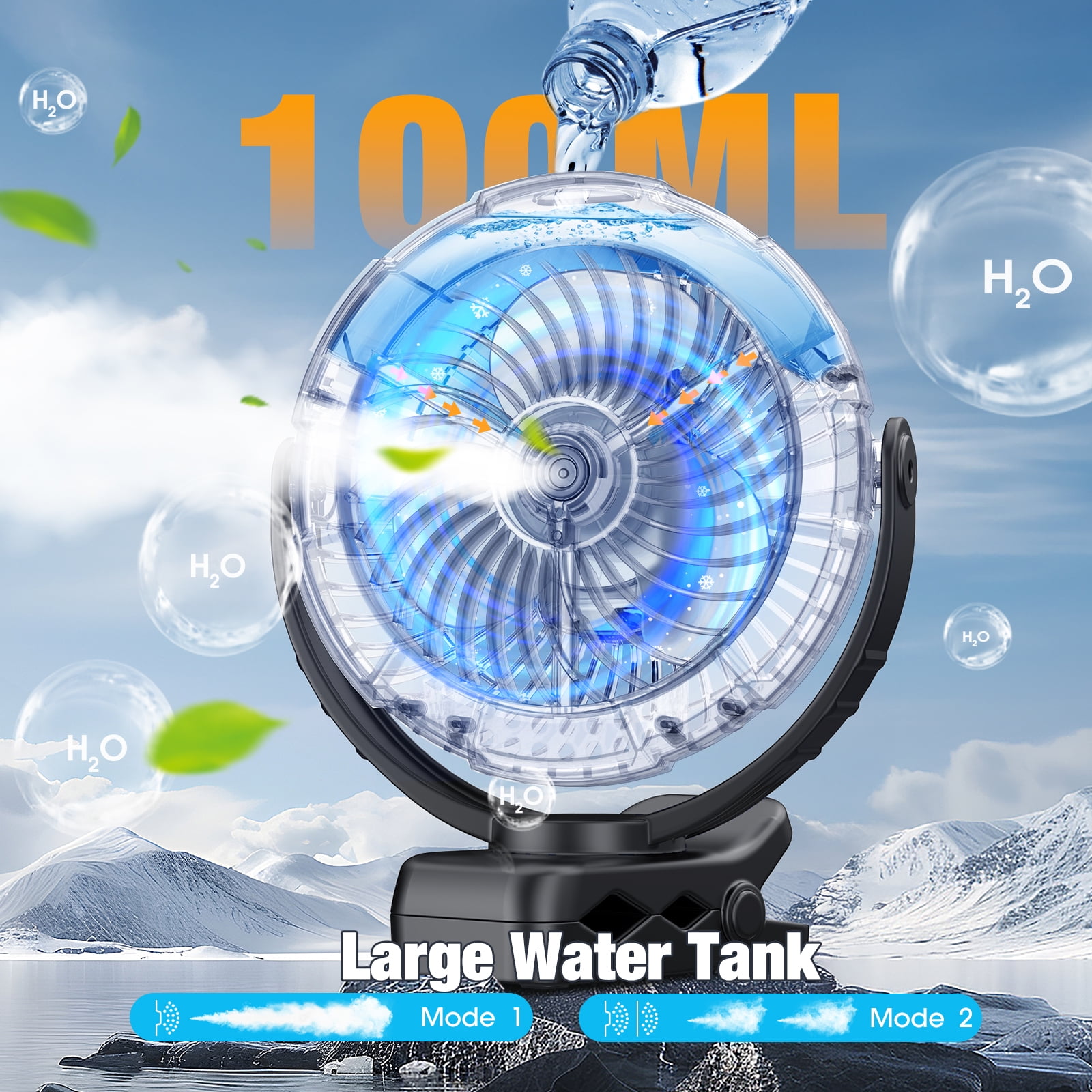 JINLICTE Portable Misting Clip on Fan with 5200mAh Battery, 3 Speeds & LED Light - 360° Rotation Mist Cooling Fan for Stroller, Camping, Outdoor Use - Rechargeable, Adjustable Hook Design