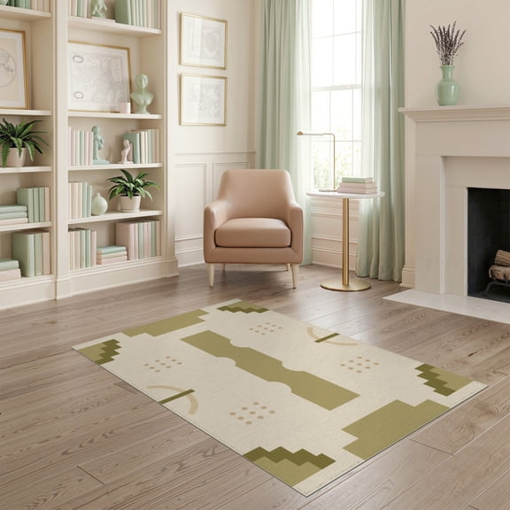 ODIKA 4'x6' Olive Green Beige Mid Century Bordered Washable Area Rug Geometric Modern Design with Symmetry for Bedroom, Reading Nook, Pet Friendly & Non-Shedding
