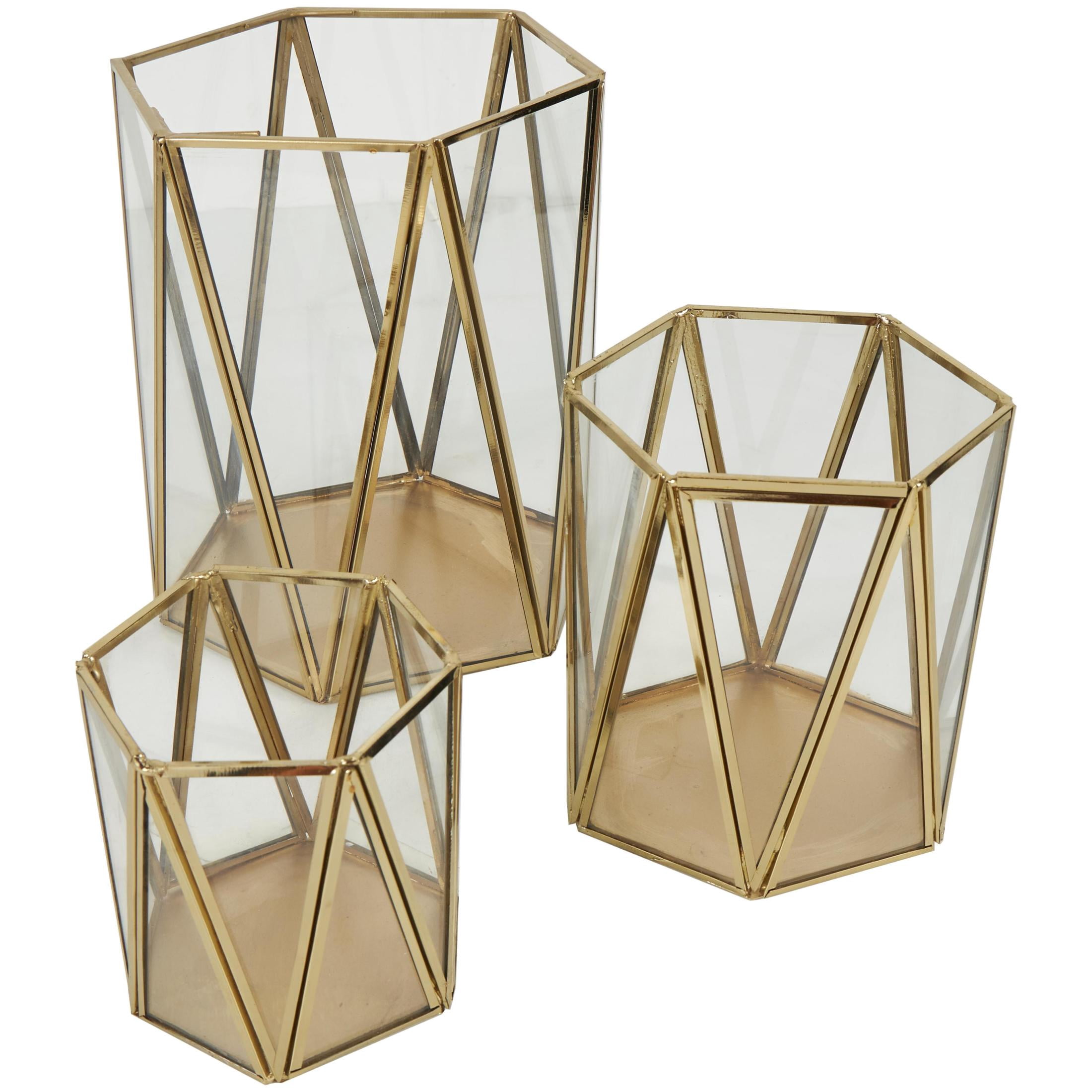 CosmoLiving by Cosmopolitan 3 Holder Gold Metal Geometric Triangle Patterned Hexagon Candle Lantern with Clear Glass, Set of 3