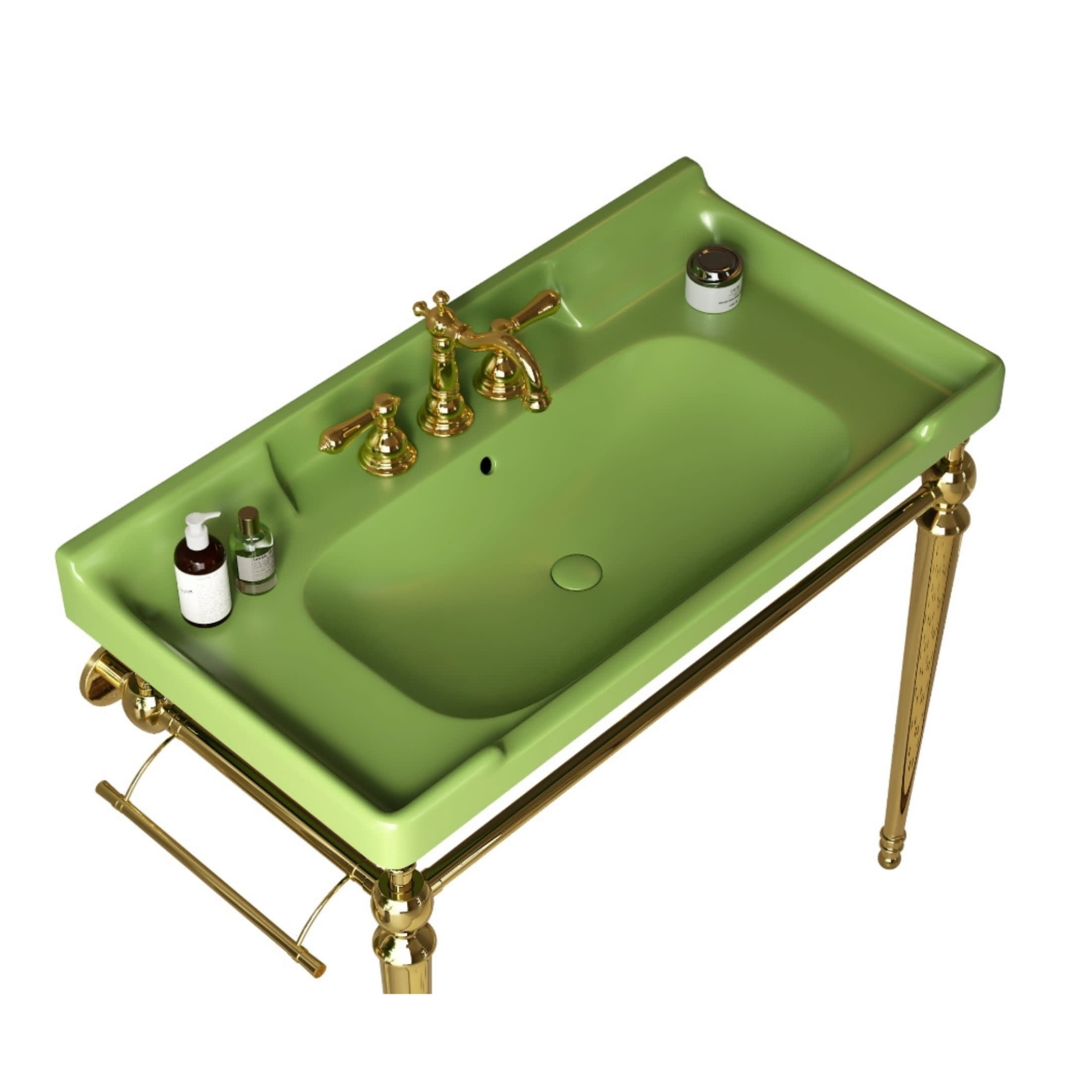 Noble House Vici 36" Bathroom Ceramic Basin Sink, 3 Faucet Holes with Wide Countertop Deck Toiletries Storage, Green