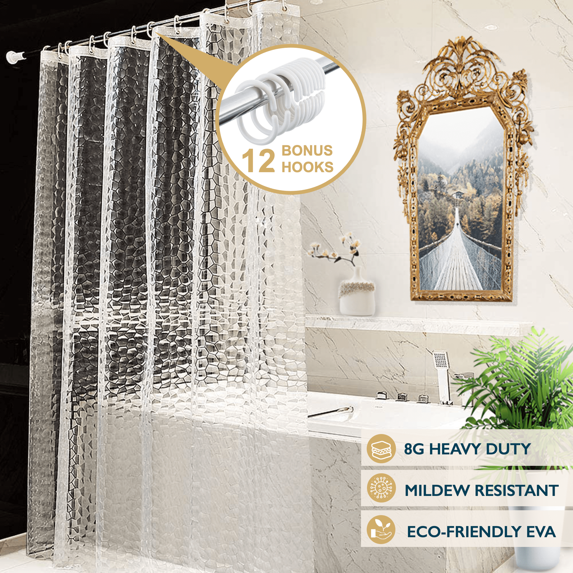 ComfiTime Clear Shower Curtain Liner 8G HeavyDuty Mildew/Mold