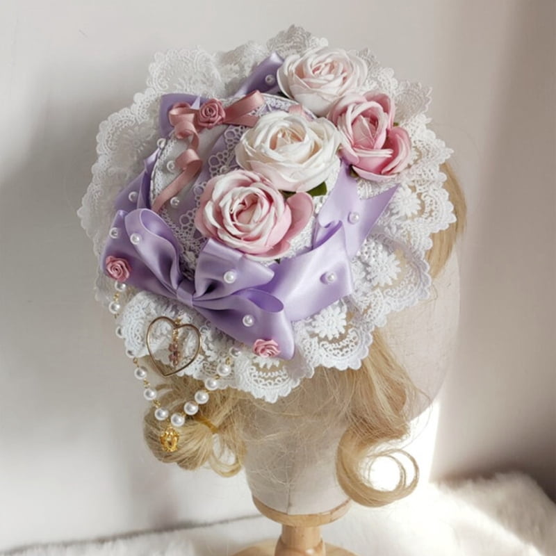 Japanese Lolita Sweet Lace Top Hat Pearl Beaded Bowknot Rose Flower Bonnet Flat Cap Vintage Steampunk Tea Party Hair Accessories
