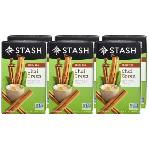 Stash Tea Chai Green Tea - Caffeinated, Non-GMO Project Verified Premium Tea with No Artificial Ingredients, 20 Count (Pack of 6) - 120 Bags Total