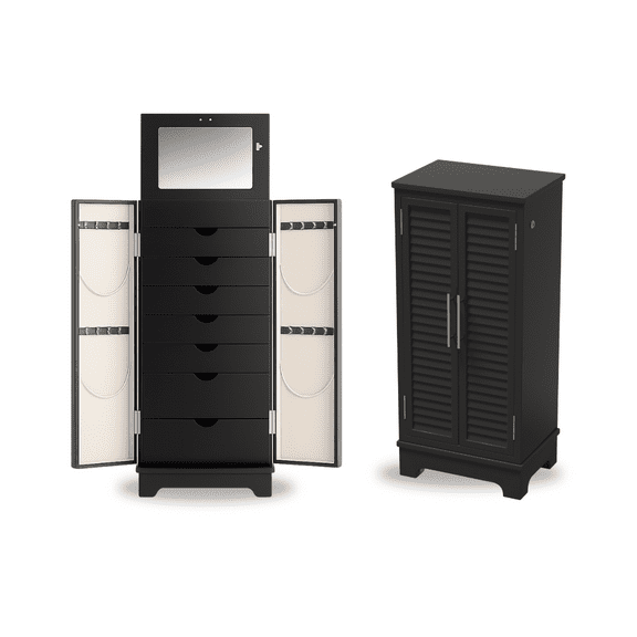 Hives & Honey Port Elegant Charcoal Jewelry Armoire: Freestanding, Lockable Wooden Cabinet for Women