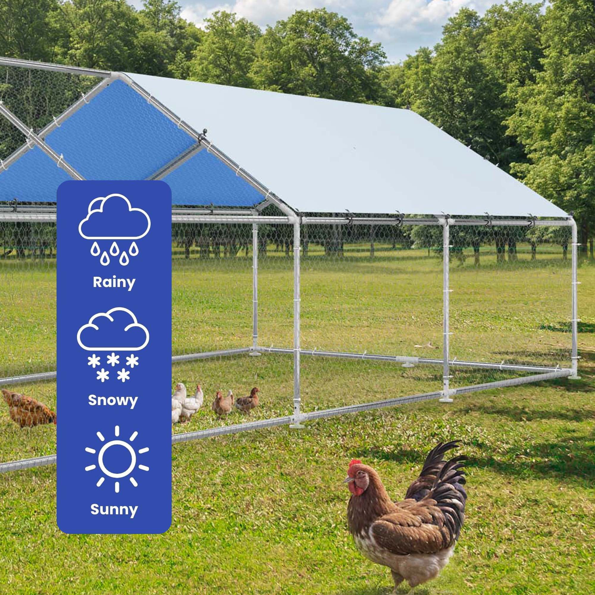 Uforic Chicken Run Coop 26 x 9.8 x 6.4 FT Large Metal Spire Shaped Chicken Coop, Walk-in Hen Cage, Outdoor Poultry Cage with Waterproof Anti-UV proof Cover and Wire Mesh for Backyard,Outdoor Farm Use