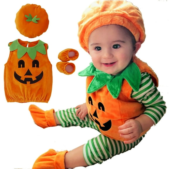 SYNPOS 0-3T Baby Boy Girl Halloween Pumpkin Romper Bodysuit Hat Shoes 3PCS Outfit