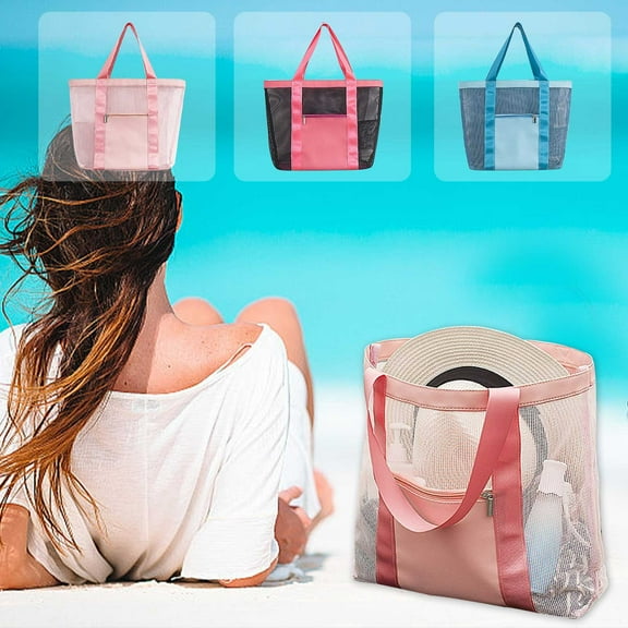 Mesh Beach Bag Large Tote for Women with Pockets, Blue Pink Mesh Pool Bag with High Capacity & Foldable Design for Beach Trips, Pool Days, and Family Outings,Vsgery
