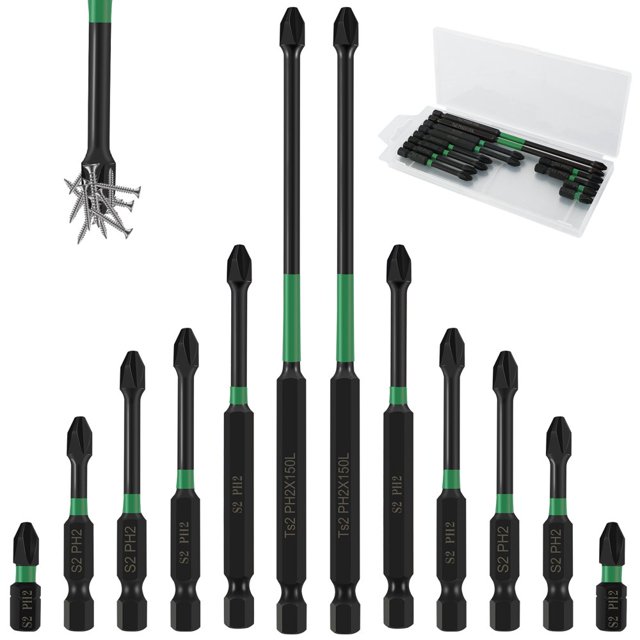 Screwdriver Bit Set 12Pcs Anti-Slip Magnetic Drive Bit Set High Torque Cross Slot 1/4 Inch Hex Shank Drill Bit Set for Electric Screwdriver Impact Drill Power Tool