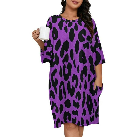 Purple And Black Cheetah Print Sleepshirts For Sleeping Travels Loose Sleepdress Pajama Dress Soft Nightdress Sleepwear