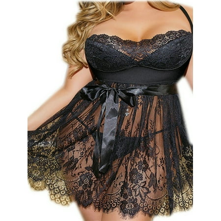 

DYMADE Women Sexy Perspective Lace Suspenders Underwear Black Pajamas