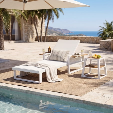 Christopher Knight Home 2-Piece Outdoor Patio Lounge Set Chaise Lounge Chair and Side Table White + Teak