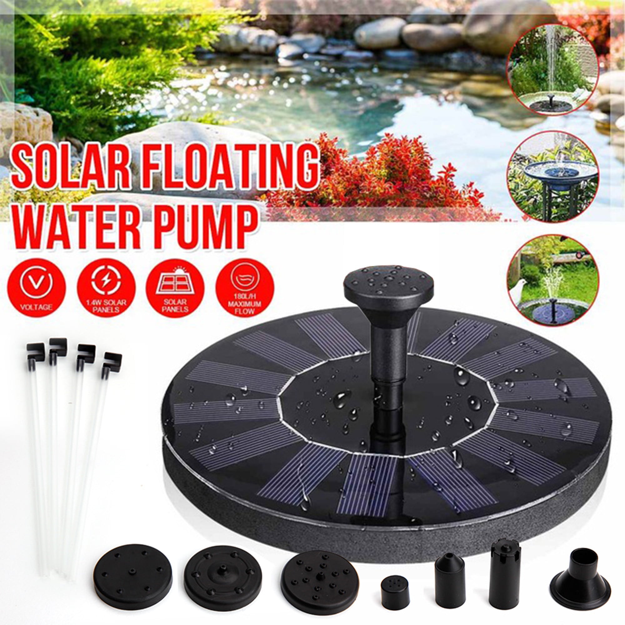 Solar Fountain, Solar Powered Bird Bath Fountain Pump 1.4W, Outdoor