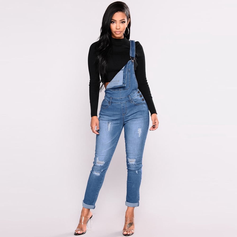 Fashion Women Denim Overalls Ripped 