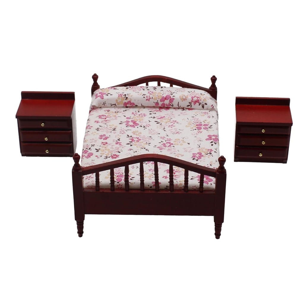 1:12 Dollhouse Miniatures Furniture Set Wood Double Bed & Nightstand DIY 