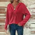 thumbnail image 5 of UoCefik Lightweight Sweatshirts for Women Casual Waffle Knit Long Sleeve Buttons Hoodie Oversized Fall Drawstring V Neck Pullover Western Hooded Trendy Top Red XXL, 5 of 7