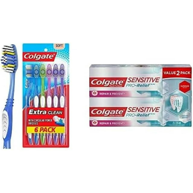Colgate Brosse à Dents Extra Clean, Tête Complète, Souple (6 Unités) + Colgate Sensitive Pro-Relief Réparation et Prévention Dentifrice, 75 Millilitres, 2 Unités