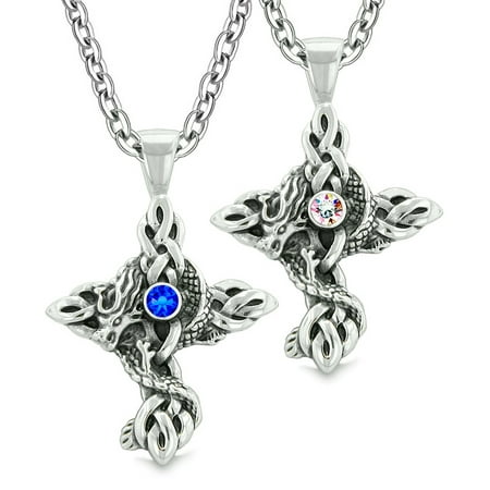 Fire Dragon Celtic Knots Protection Cross Amulets Love Couples or Best Friends Set Blue Rainbow
