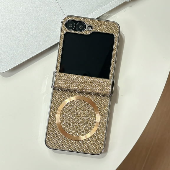 Designed for Samsung Galaxy Z Flip 7 Phone Case,Compatible with Mag-Safe,Bling Glitter Back,Ultra Slim Shockproof Anti-fall Rugged Anti-Scratch Thin Fit Phone Case For Women Men,Gold