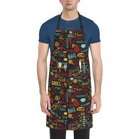 

Tebeau BBQ Barbecue Grill Print Waterproof Cooking Aprons Adjustable Bib Soft Chef Apron with 2 Pockets for Men Women