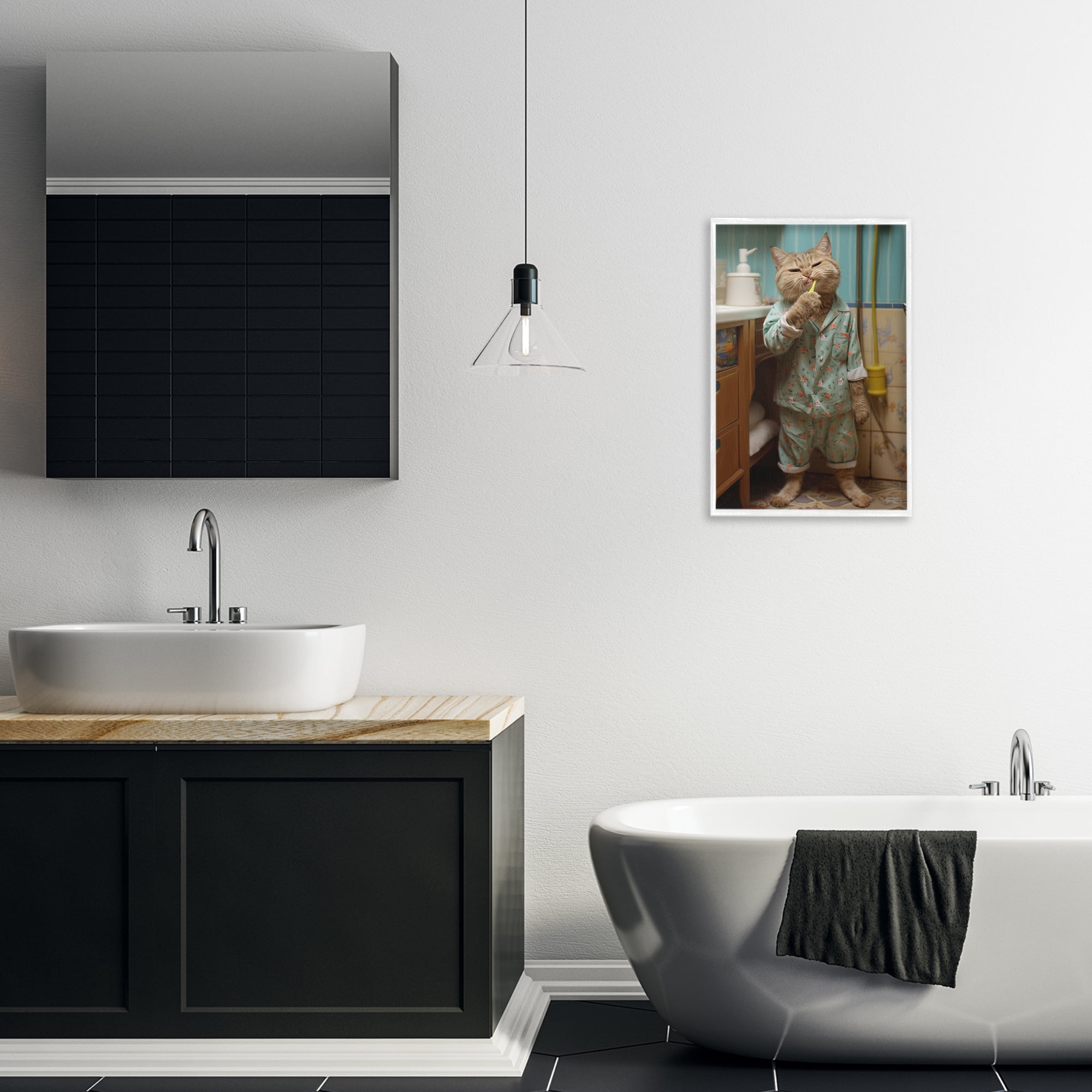 Stupell Industries Cat Brushing Teeth Typography Painting White Framed Art Print Wall Art, 16 x 24