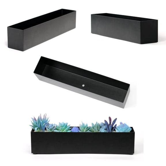 16"L x 3.25"W x 3.5"H Rectangular Metal Steel Window Box Planter, With Drainage Hole & 4 Rubber Mats, Durable & Sleek for Small Herbs, Succulents, Indoor/Outdoor (Black)