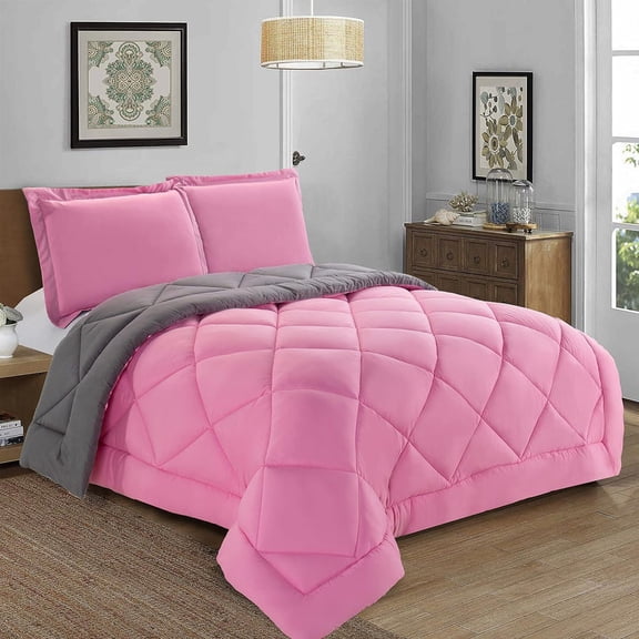 Lightweight Reversible 3-Piece Comforter Set All Seasons, Down Alternative Comforter with 2 Pillow Shams Full/Queen,Pink/Gray