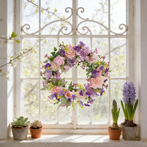 Spring Summer Pastel Artificial Flower Wreath, Pink Purple Floral Door Wreath for Home Wall & Window Decor