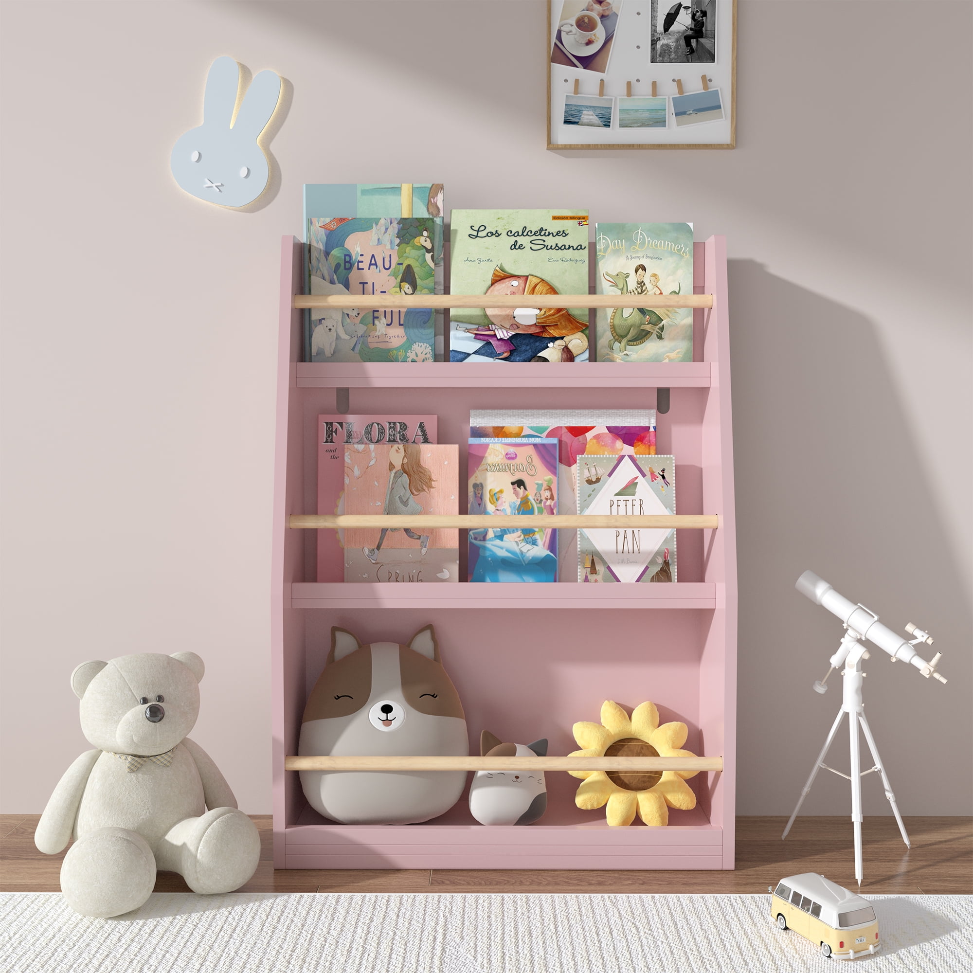 Miniyam 3-Tier Wooden Bookshelf with Toy Storage for Kid, Pink