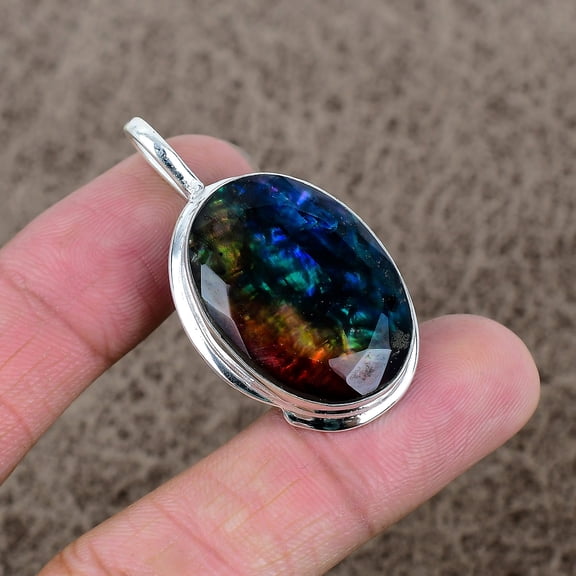 925 Sterling Silver Ammolite Gemstone Handmade Jewelry Pendant 1.81"