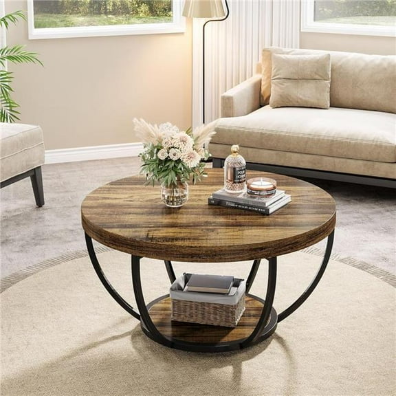 Emoottoo TB-NY166 31.7 in. Wooden 2-Tier Round Coffee Table with Storage Shelves - Rustic Brown