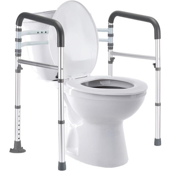 Adjustable Toilet Safety Rails, 350 lb Capacity Foldable Toilet Frame with Handles for Elderly Seniors Handicap Disabled, Fits Any Toilet, Gray