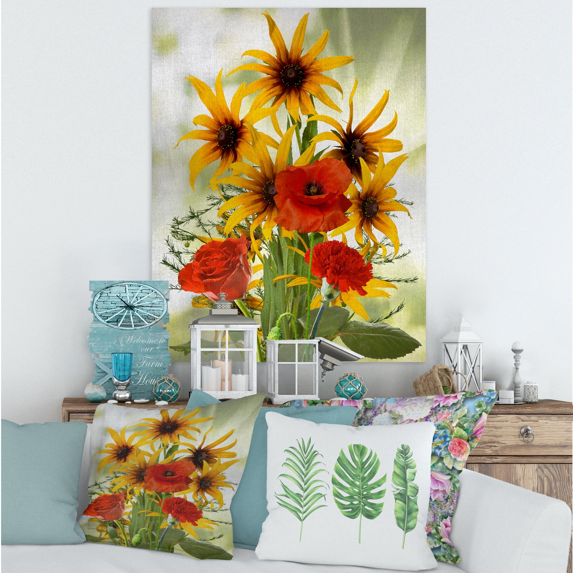 Designart ' Poppies and Sunflowers In The Wild ' Traditional Canvas Wall Art Print