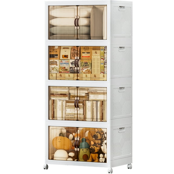 JEKO&JEKO 528Qt Stackable Storage Bins with Lids and Wheels, Foldable Plastic Storage Boxes for Clothes, Home, 4 Pack, White