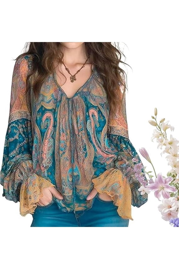 Bohemian-Style-Flared-Sleeve-V-Neck-Blouse, Flowy Bohemian Tunics for Women, Long Sleeve Fit Spring Fall Casual Daily Top XXL