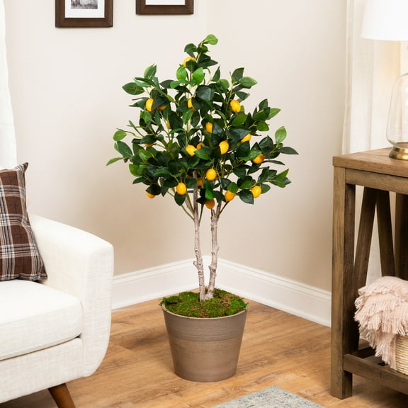 Northlight Artificial Lemon Tree In Black Pot with Faux Moss - 45"