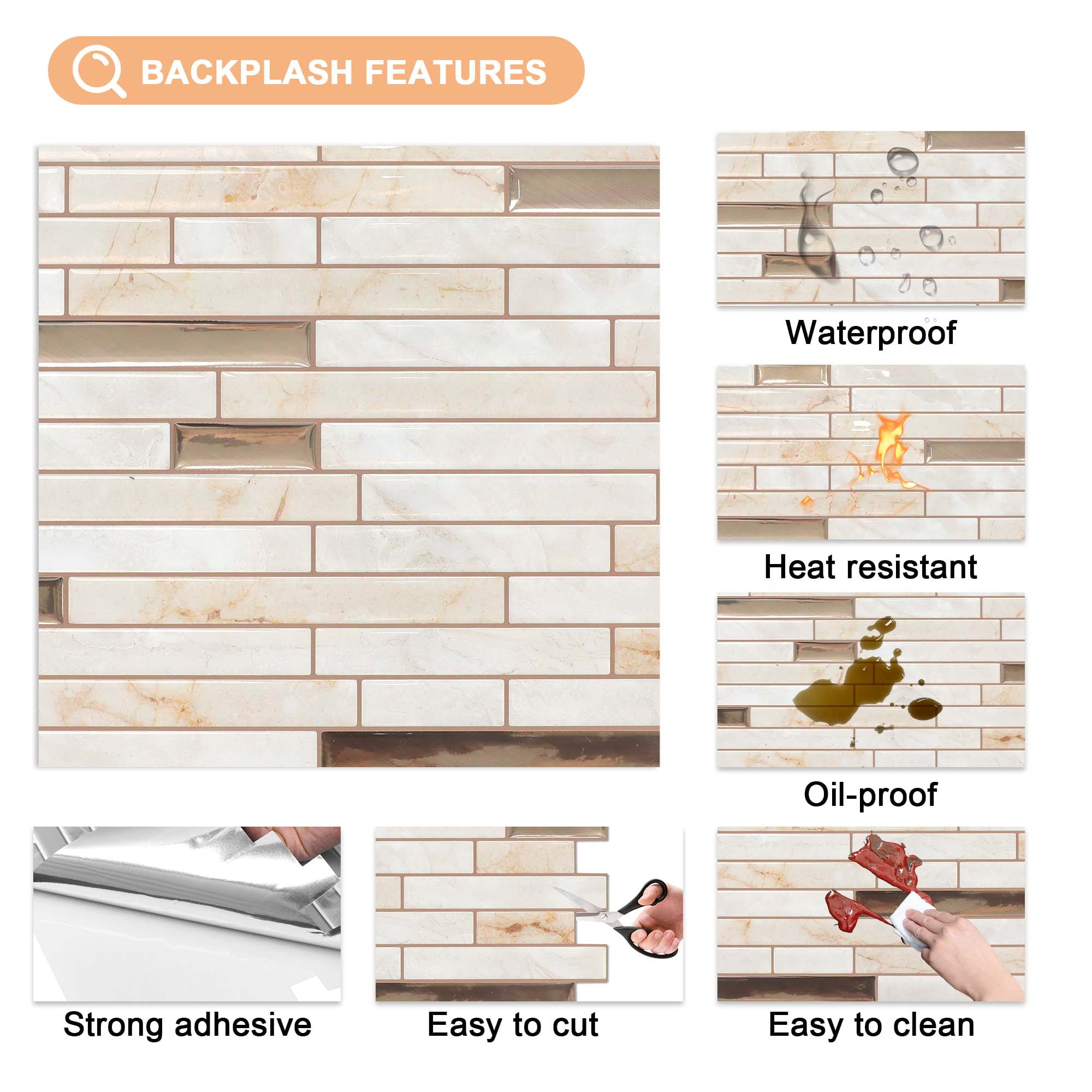 12×12in. Best Kitchen Peel and Stick Tile Backsplash Stone Beige (10 Sheets)