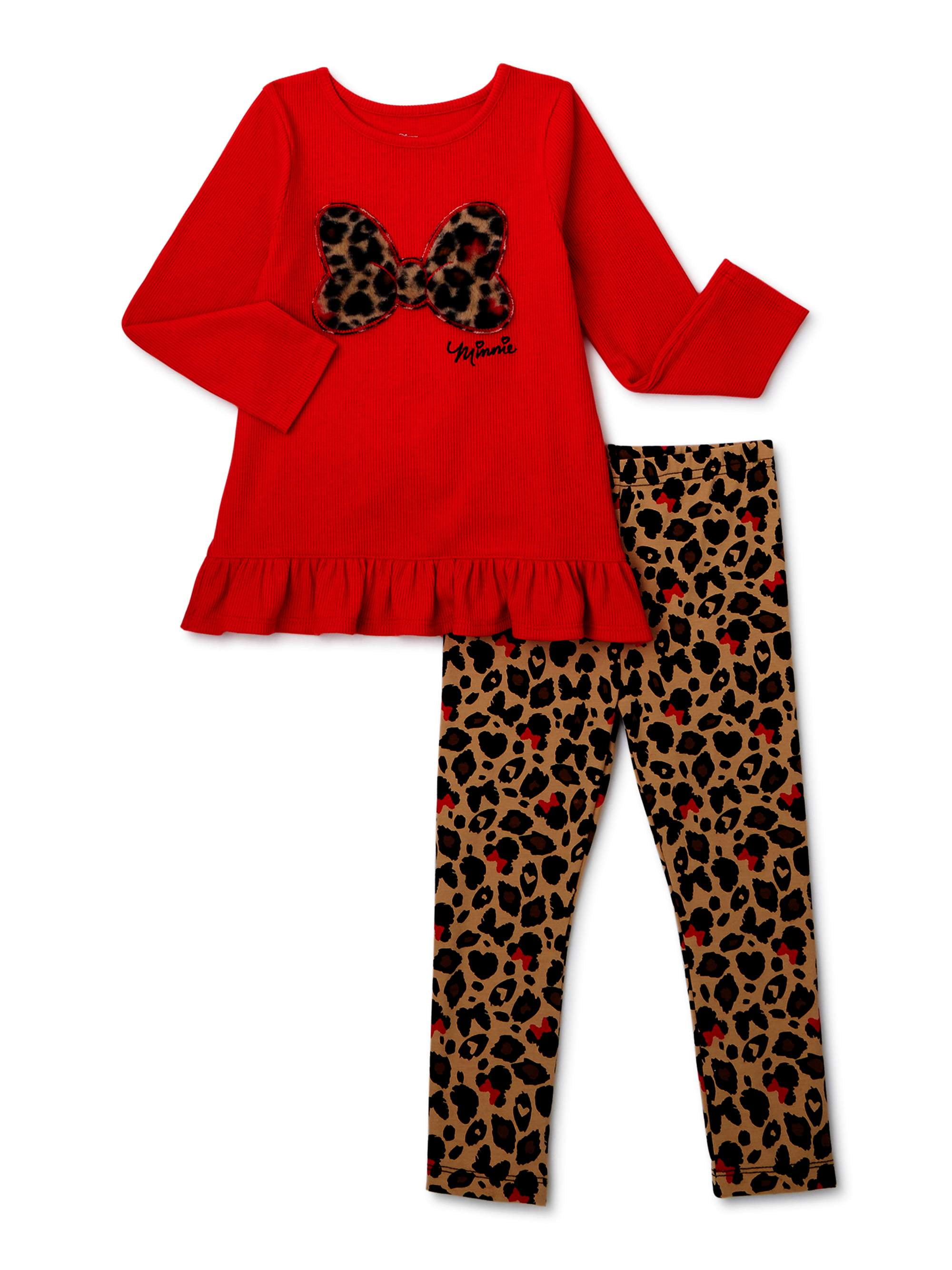 Minnie Mouse Baby Toddler Girl Ruffle Trim Top & Animal Print Leggings, 2pc  outfit set 