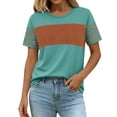 thumbnail image 6 of Women's Color Block Striped T-Shirt, Round Neck Short Sleeve Casual Top Travel Outfit Army Green M, 6 of 6