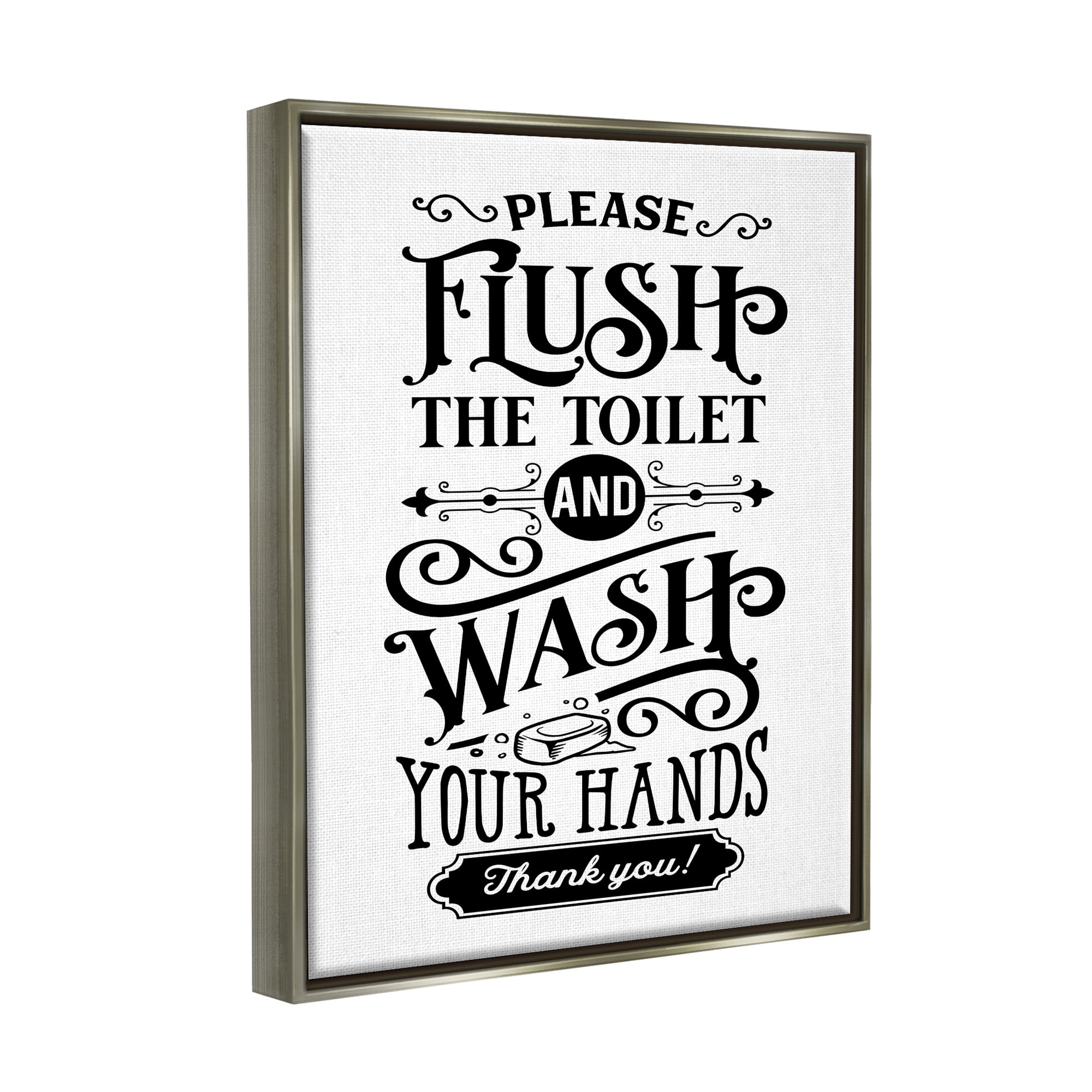 Stupell Industries Flush & Wash Hands Vintage Style Text Typography Graphic Art Luster Gray Floating Framed Canvas Print Wall Art, Design by Lettered and Lined