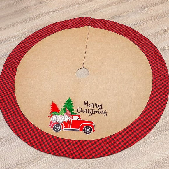 Christmas Tree Skirt, 48 inches Cotton Linen Red Plaid Skirts with Old Man of The Forest Car Tree Skirt for Rustic Xmas Christmas Tree Skirt, Burlap Tree Skirt Tree, Double-Sided Buffalo Plaid Tree S