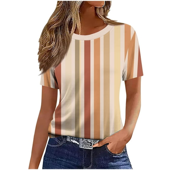 Womens Summer Tops, Short Sleeve Shirts for Women Plus Size Fashion Loose Fit Striped Printed Crewneck Tees T-Shirts S-3XL