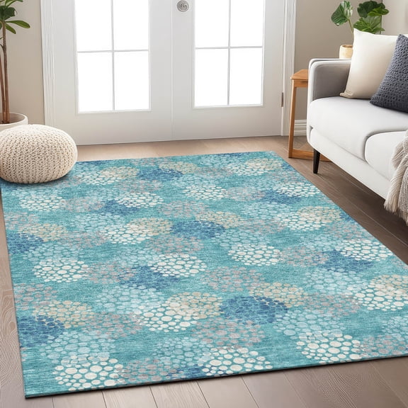 Addison Rugs Chantille Indoor/Outdoor Transitional Circles Teal Washable Rectangle Rug, 10' x 14'